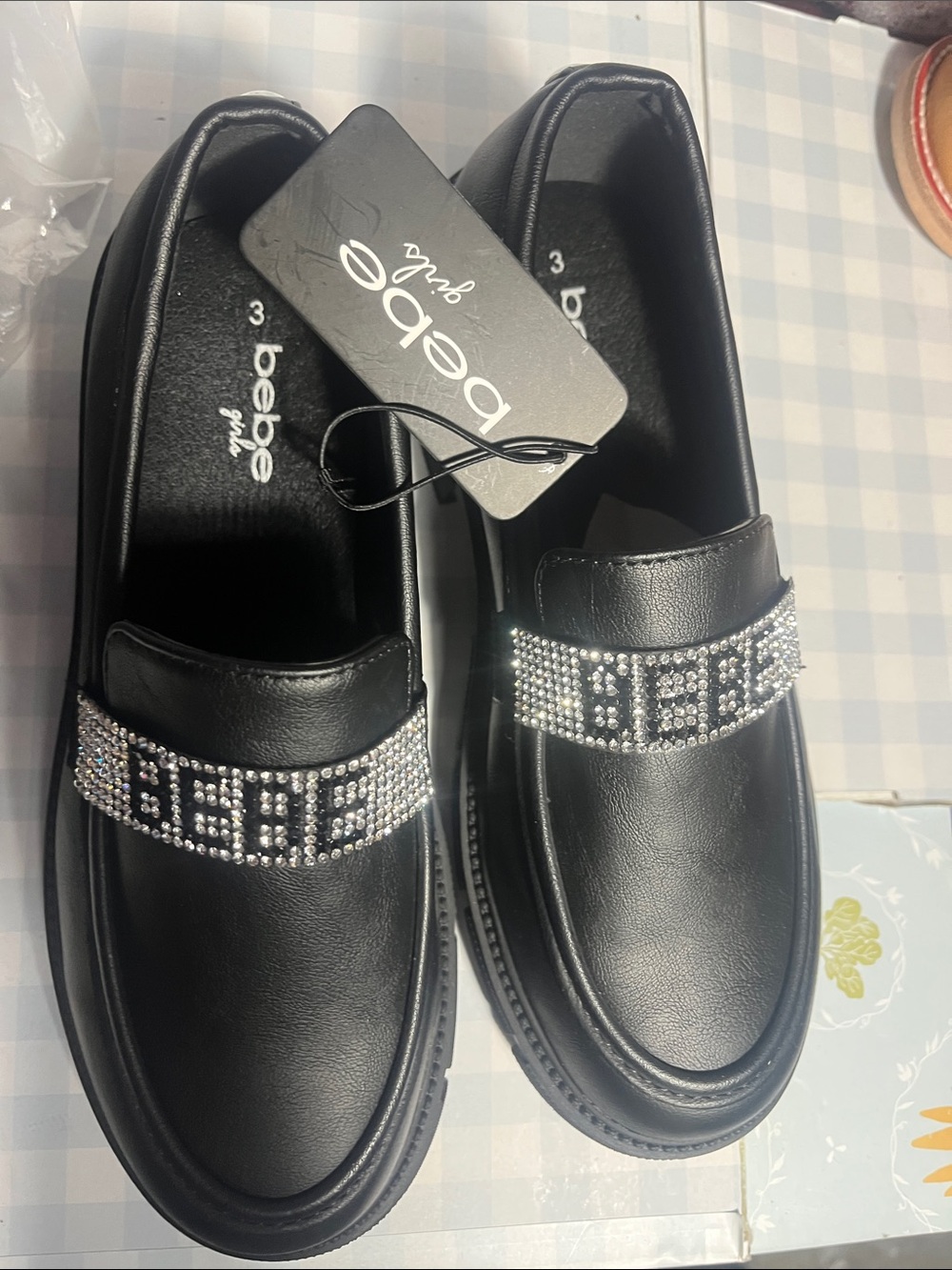 bebe Black Rhinestone Logo Strap Loafers